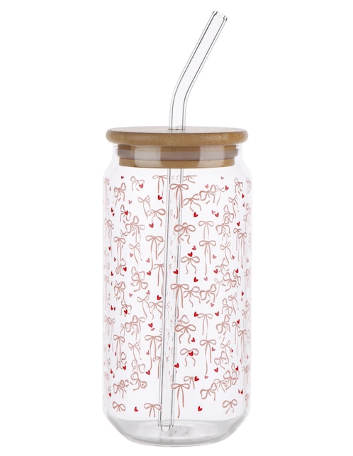 Vaso con tapa y popote Valentines de vidrio