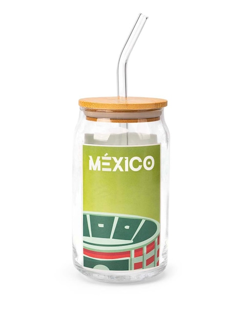 Vaso con tapa y popote Crown Baccara Mundial de vidrio
