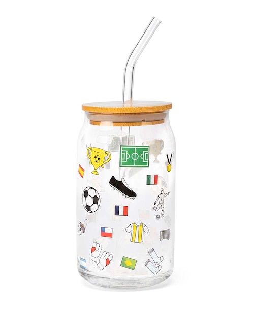 Vaso con tapa y popote Crown Baccara Mundial de vidrio