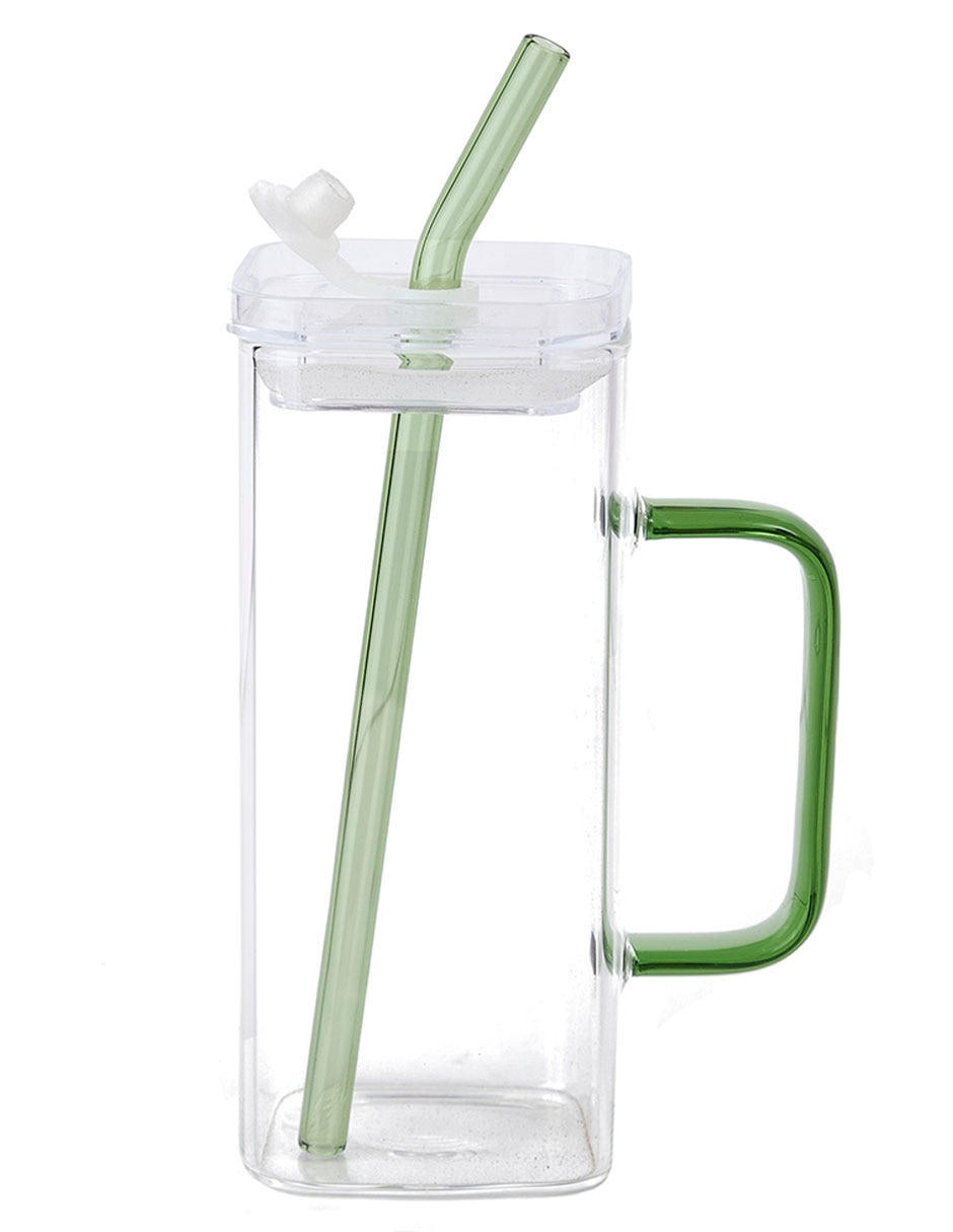 Vaso con tapa y popote de vidrio