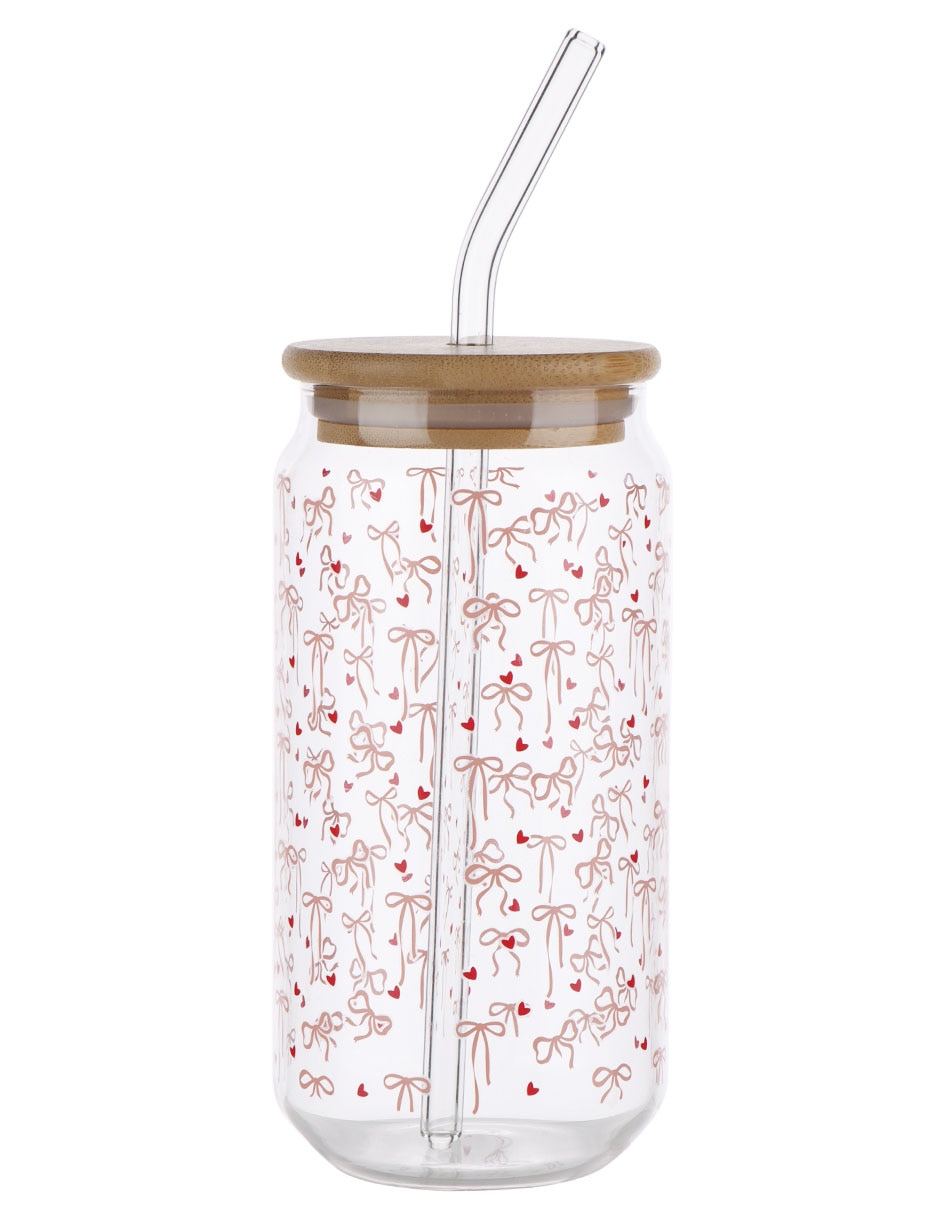 Vaso con tapa y popote Valentines de vidrio
