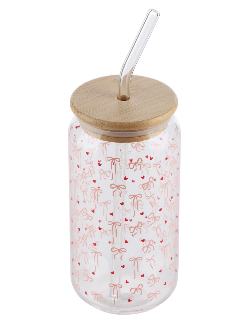 Vaso con tapa y popote  Valentines de vidrio 2