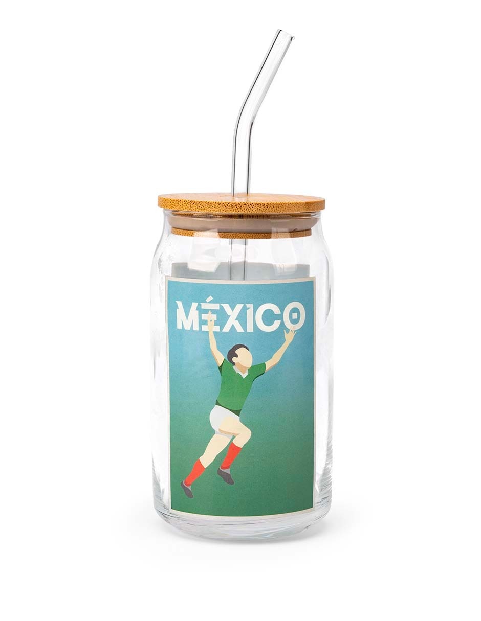 Vaso con tapa y popote Mundial de vidrio Vaso con tapa y popote Mundial de vidrio