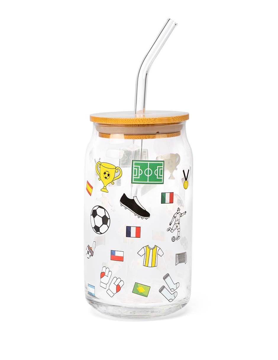 Vaso con tapa y popote Mundial de vidrio